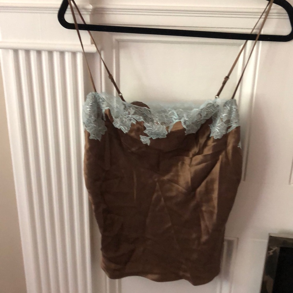 Silk taupe cami with sky blue lace